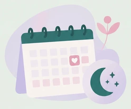 Calendario con un día marcado con corazón y una luna creciente junto a un brote — el paso del tiempo sin cambios