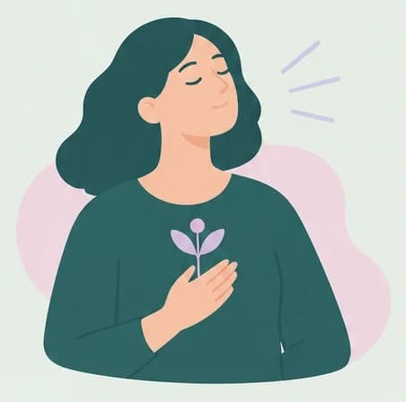 Mujer respirando con calma, sosteniendo un pequeño brote sobre el pecho