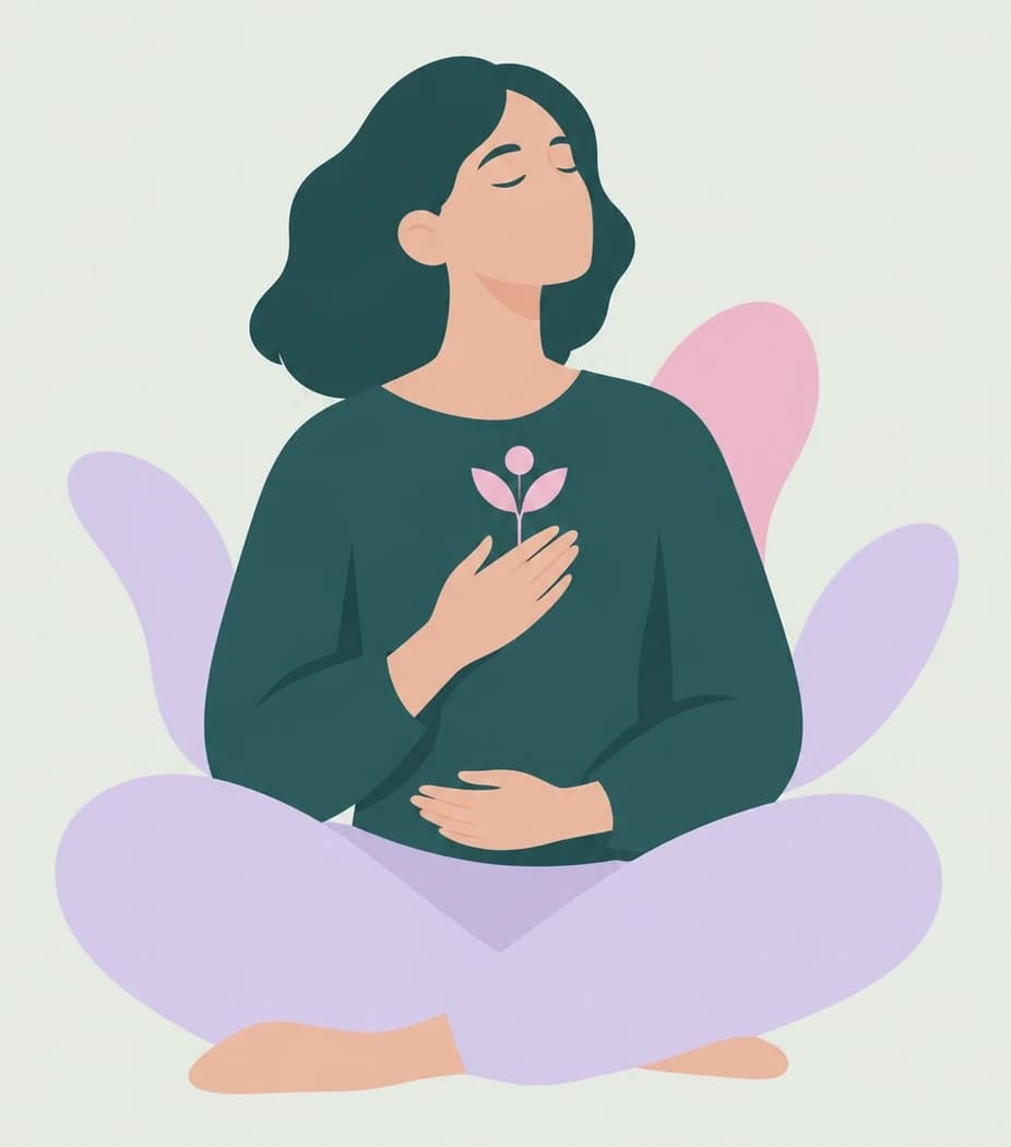 Ilustración de una mujer en calma, con los ojos cerrados y la mano sobre el pecho sosteniendo un pequeño brote — el símbolo de sanación de LevelUp