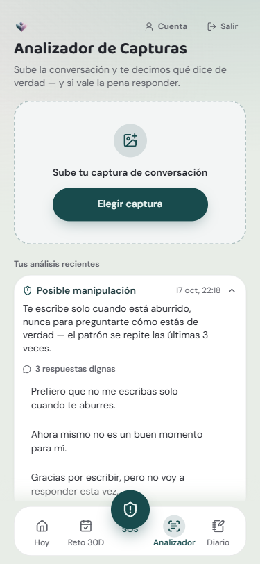 Analizador de Capturas mostrando un veredicto y 3 respuestas dignas sugeridas