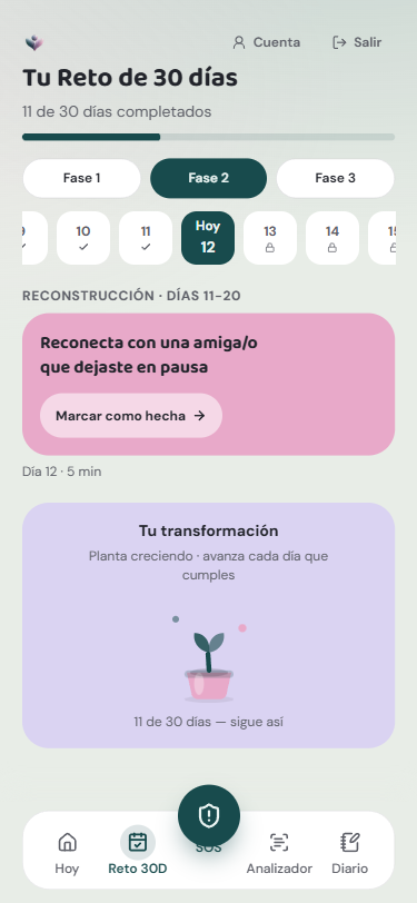 Reto de 30 días con la racha actual y la planta que crece con el progreso